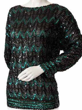 Vintage Givenchy Sequin Top 80s Black Green Statement Blouse